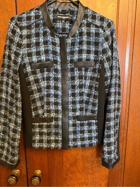 Karl Lagerfeld Paris Tweed Jacket Blue Black Plaid Faux Leather Trim Size 8